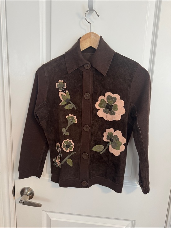 no brand Jackets & Blazers - Suede and knit hand stitched Brown Floral Appliqué Button-Up Jacket